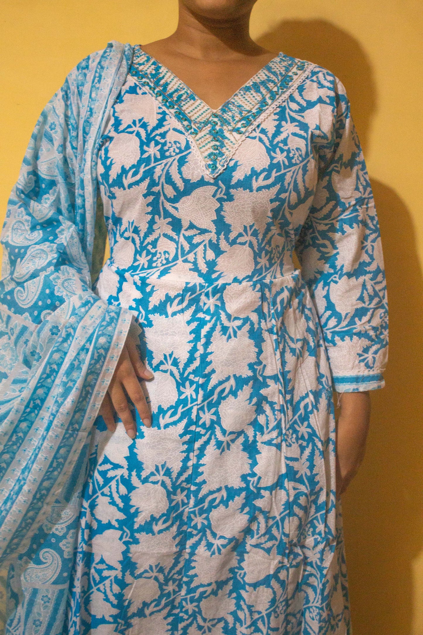 Light Blue Floral Pure Cotton Anarkali Set with Dupatta