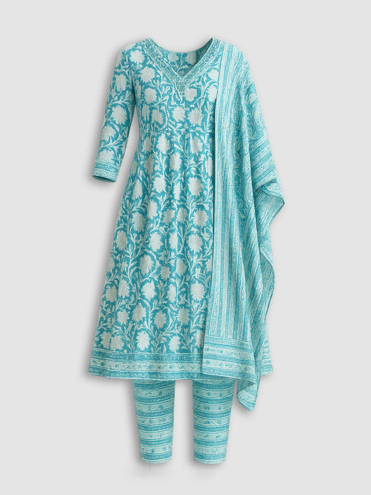Light Blue Floral Pure Cotton Anarkali Set with Dupatta