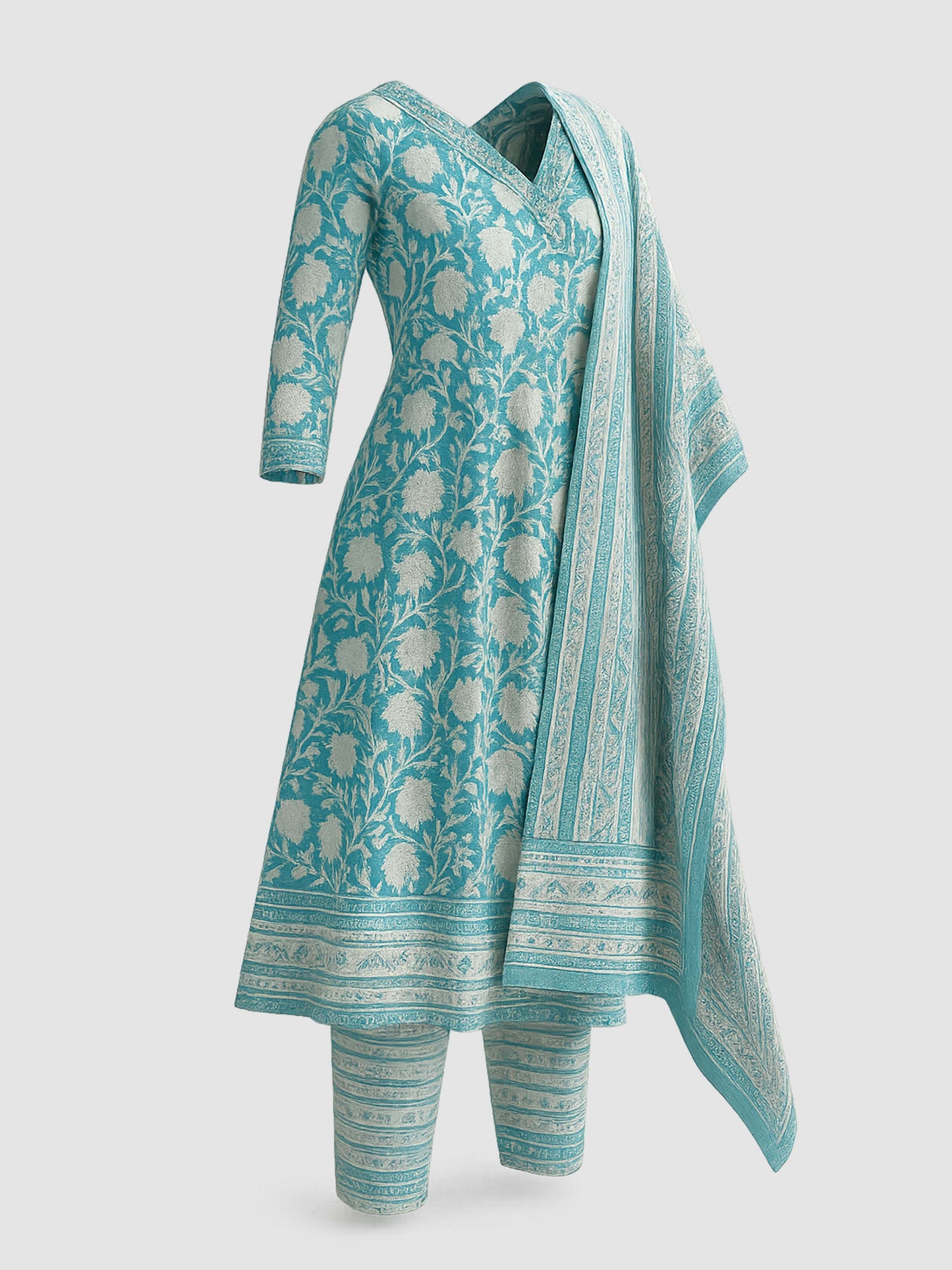 Light Blue Floral Pure Cotton Anarkali Set with Dupatta