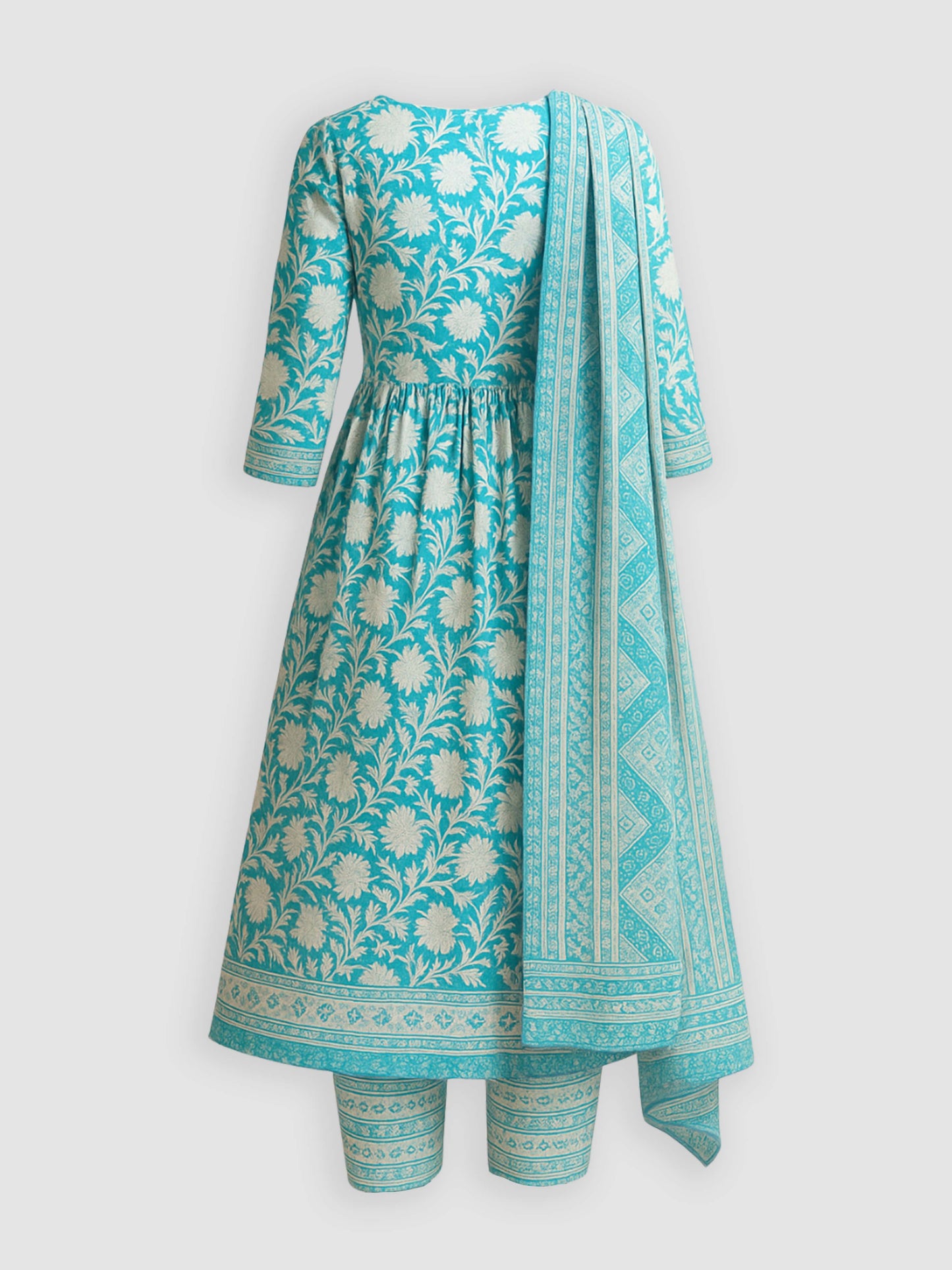 Light Blue Floral Pure Cotton Anarkali Set with Dupatta