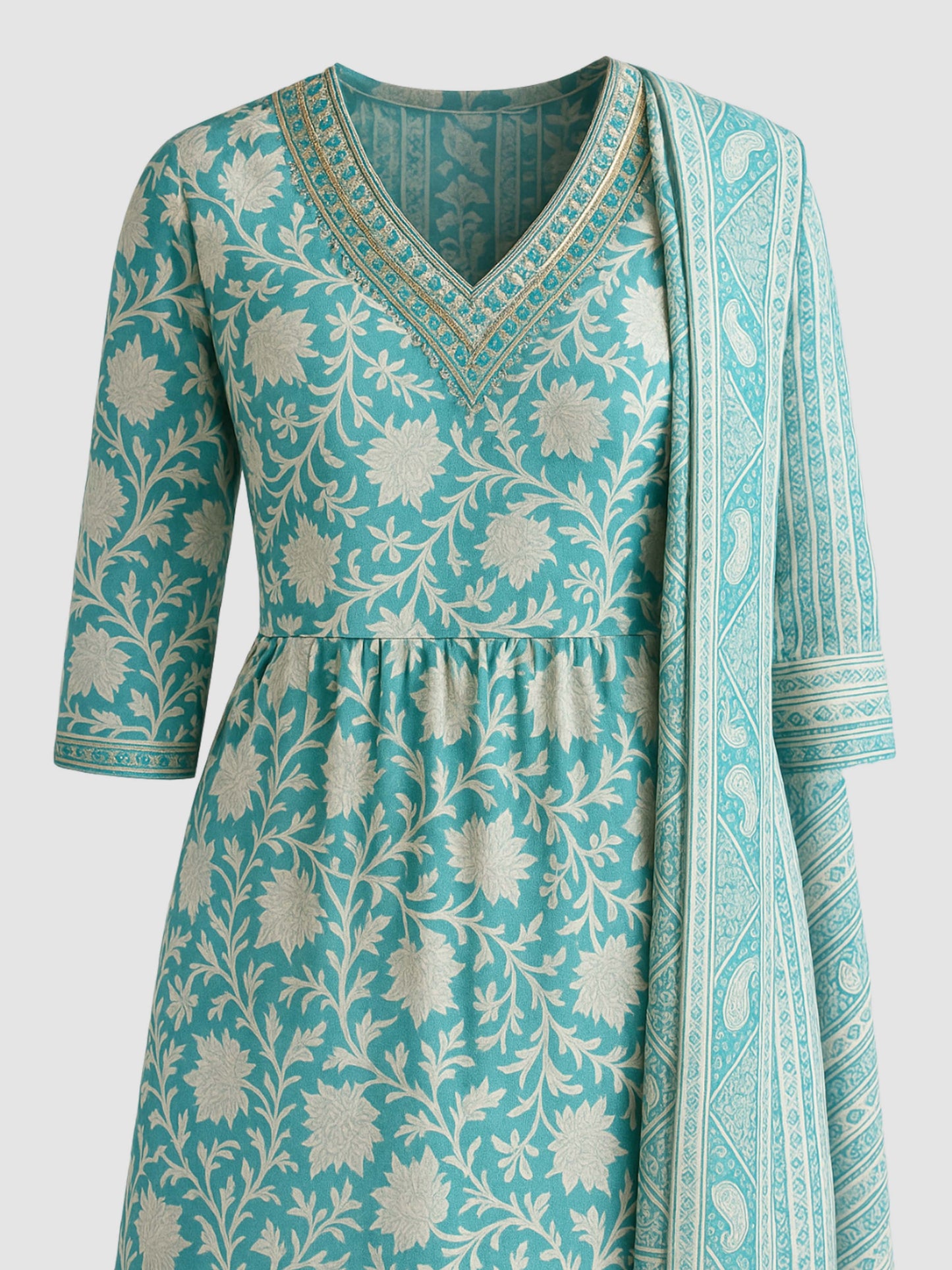 Light Blue Floral Pure Cotton Anarkali Set with Dupatta
