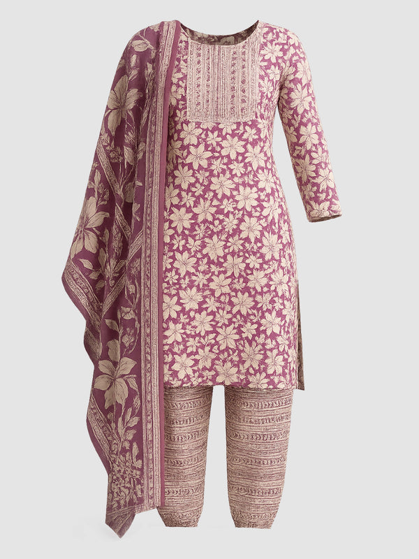 Royal Purple Handblock Print Cotton Kurti Set (3-Piece)