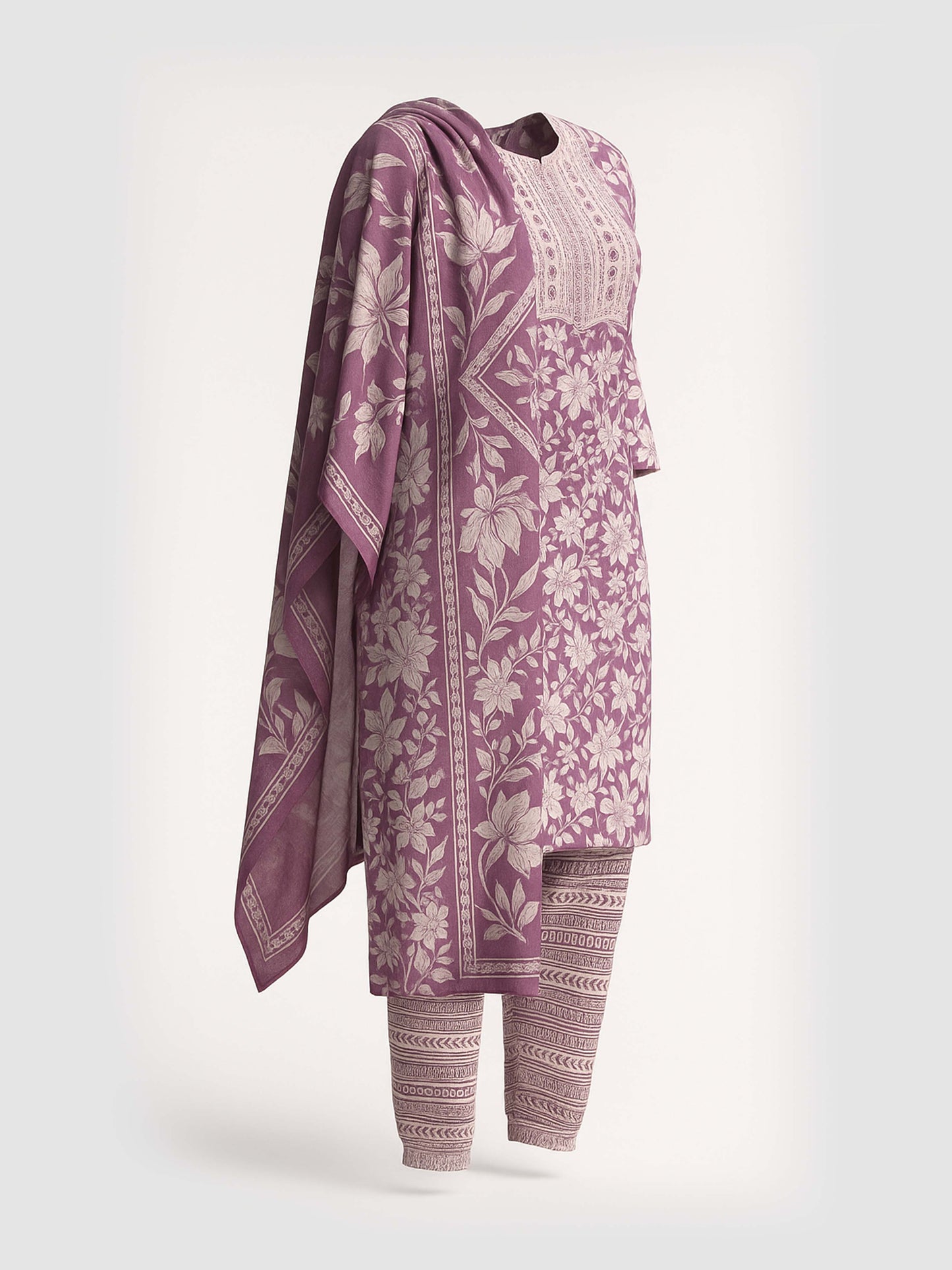 Royal Purple Handblock Print Cotton Kurti Set (3-Piece)