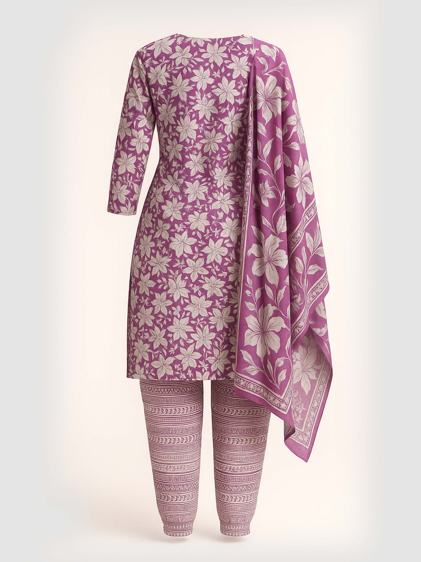 Royal Purple Handblock Print Cotton Kurti Set (3-Piece)