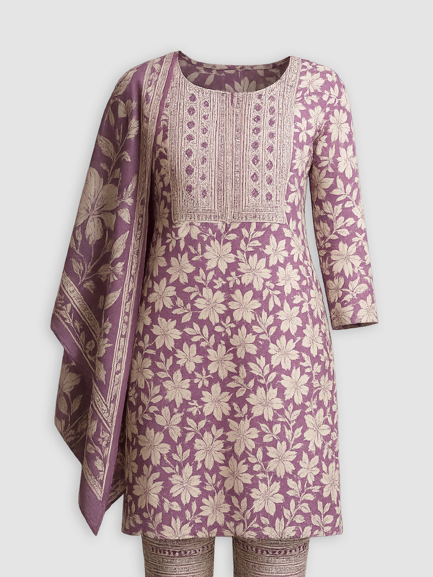 Royal Purple Handblock Print Cotton Kurti Set (3-Piece)
